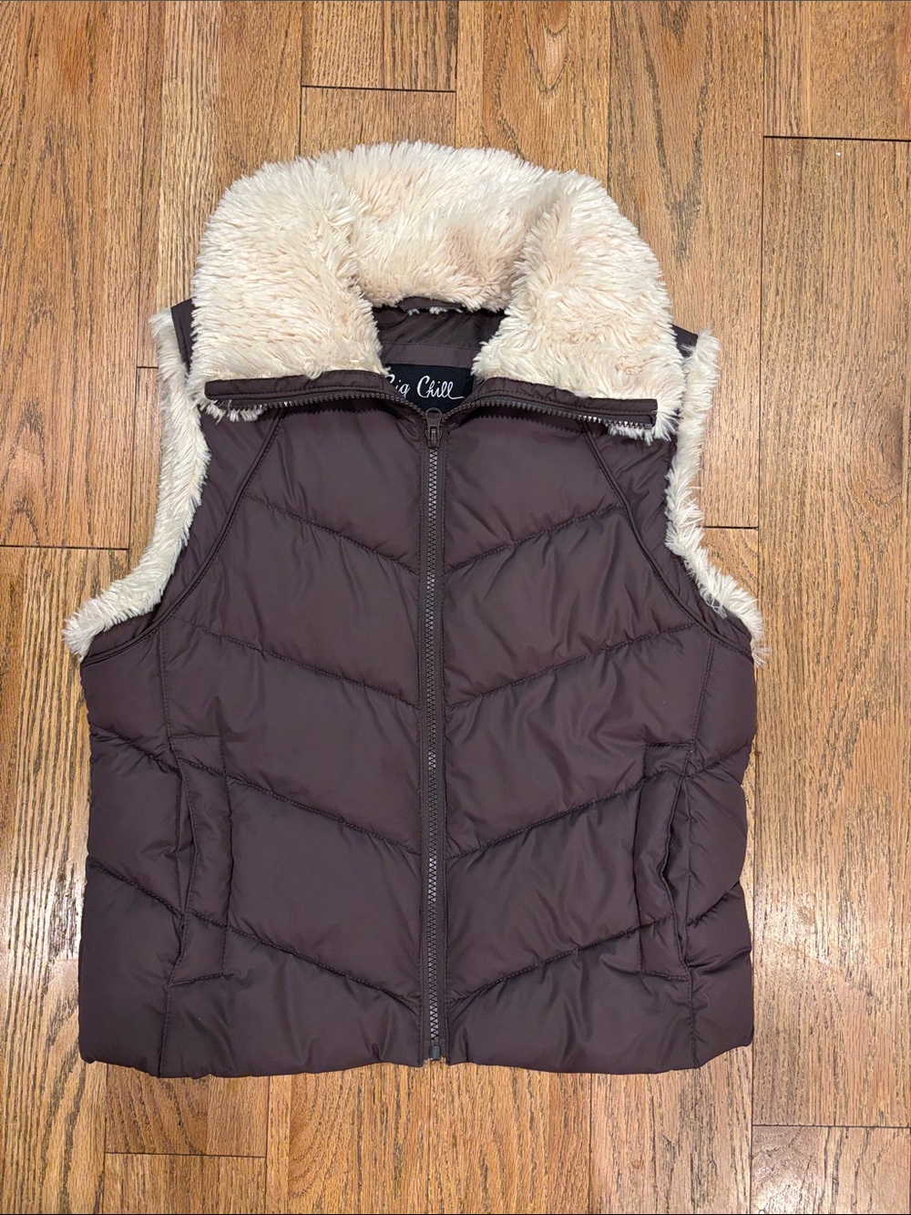 Big Chill Quilted Puffer Vest with Cream Faux Fur Trim - Brown